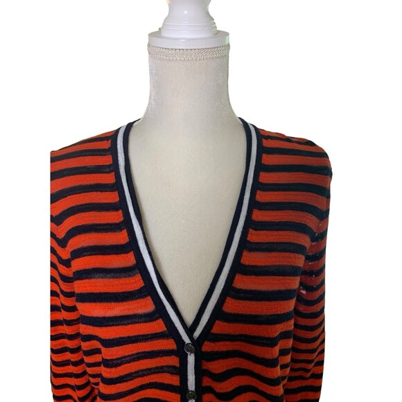 J.Crew Striped 3/4 Sleeve Knit Cardigan Women's L Tomato Red Navy Blue White - Picture 2 of 13